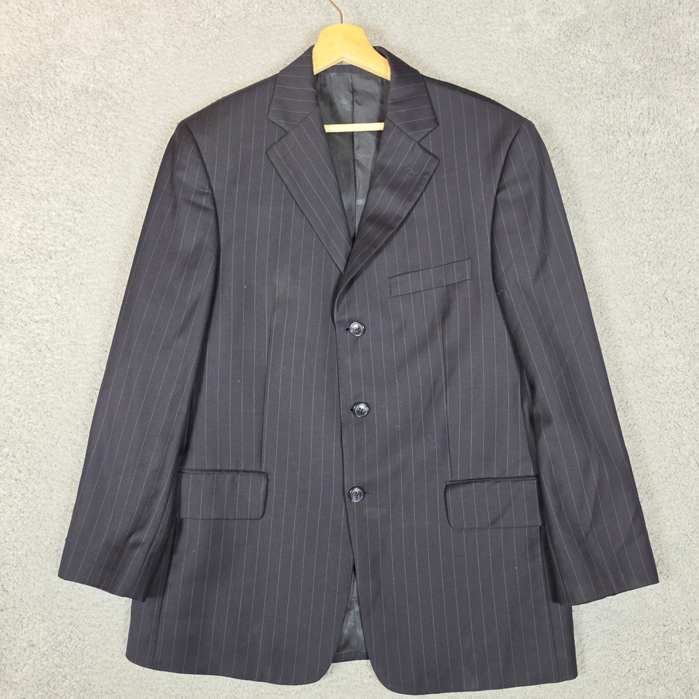 Savile Row Suit Men 40R W34 Navy Blue Two Pieces Pinstripe Pleated Cuffed Wool